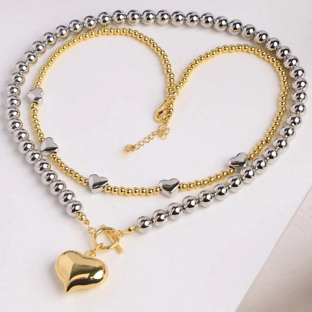 NIB Beautiful Gold and Silver Layered Heart Necklace in Beige Velvet Jewerly Box